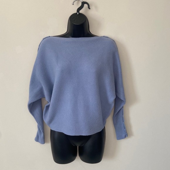 Magaschoni Blue Boatneck Sweater Shirt Size Medium Thick Blanket Stitch Details - Picture 1 of 10